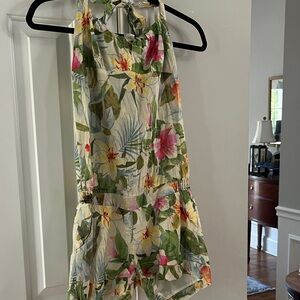 Floral Halter Romper with Tropical Print - Pink & Green